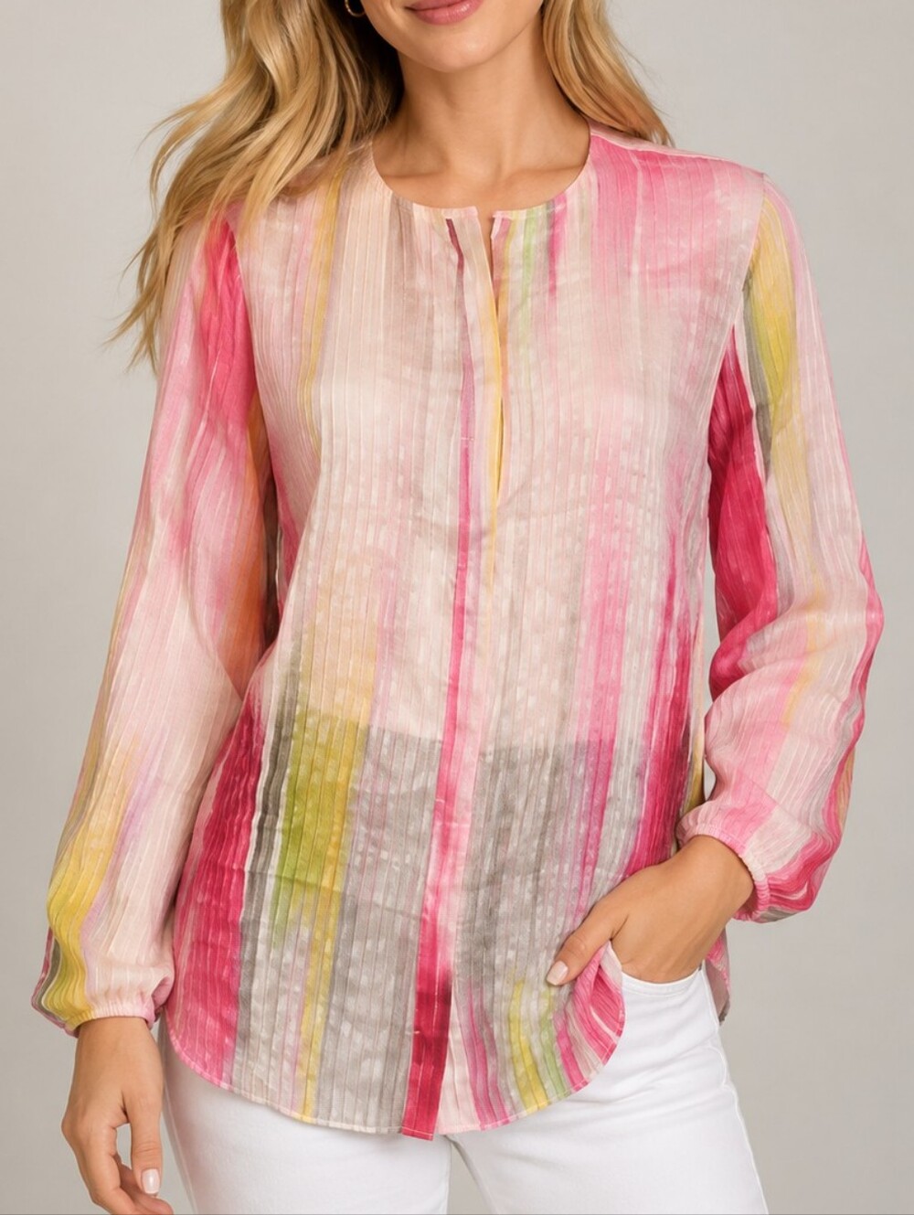 ELIE TAHARI Candy Pink Linen Silk Striped Long Sleeve Button Down Shirt